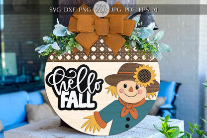 Hello Fall Scarecrow Door Hanger SVG | Round Wood Sign Template | Digital Fall Porch Sign | Laser Cut File Glowforge xTool Compatible