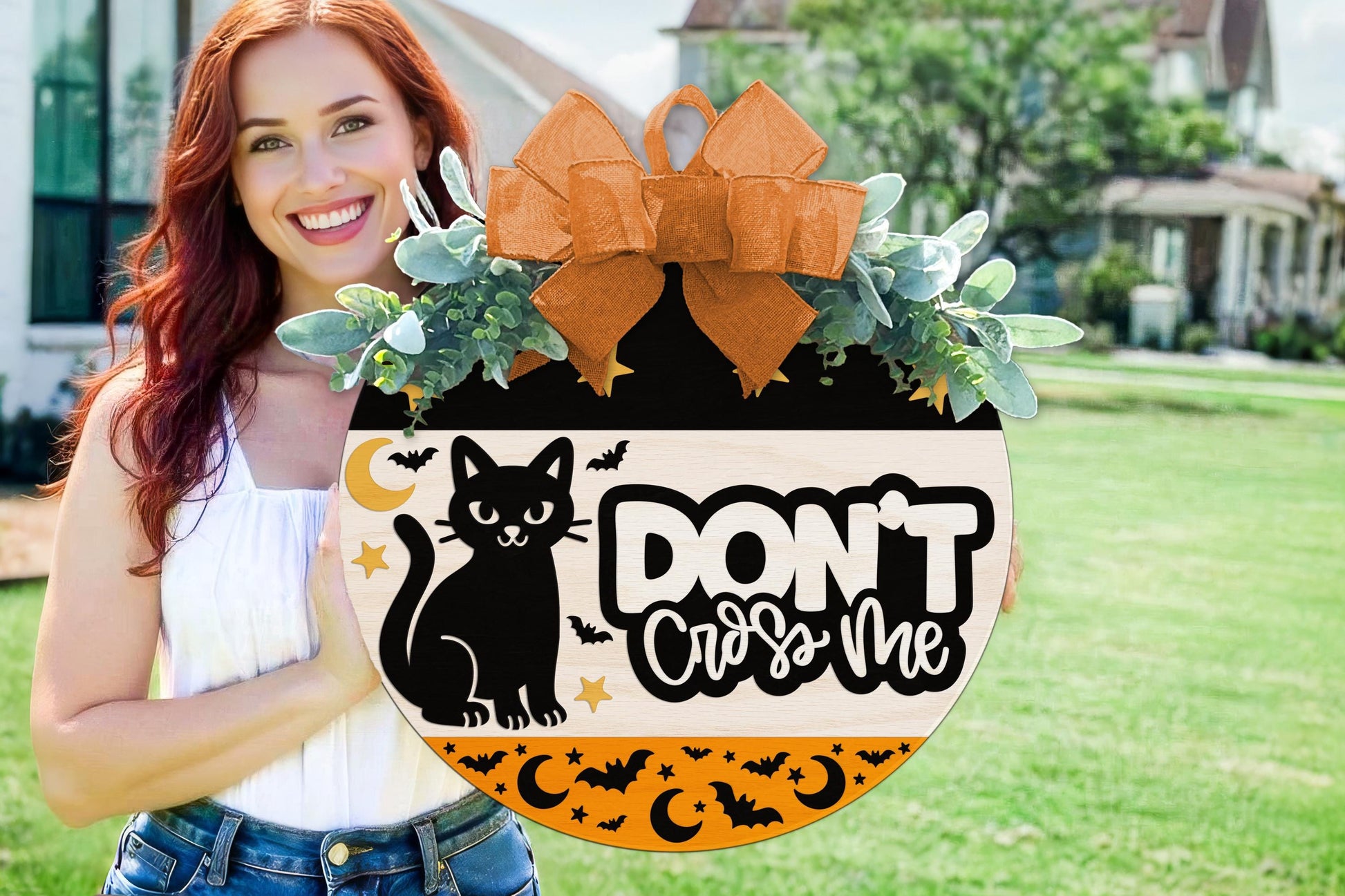Laser Cut Door Hanger SVG | Halloween Cat SVG File | DIY Round Wood Sign Template | Digital Cut File Glowforge xTool Compatible Decor