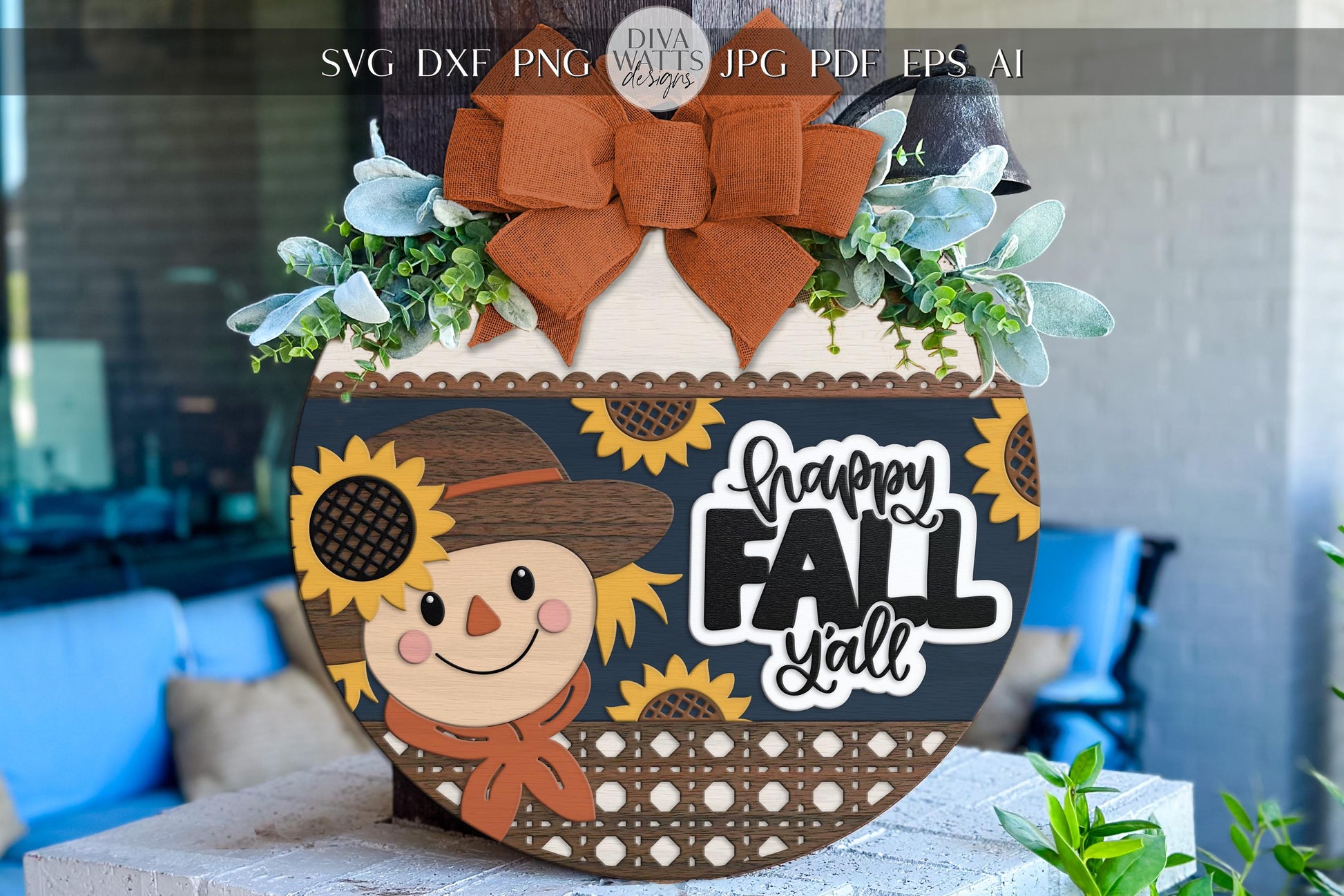 Laser Cut Door Hanger SVG | Happy Fall Y’all Sign SVG File | DIY Round Wood Autumn Decor | Glowforge xTool Compatible Digital Cut File