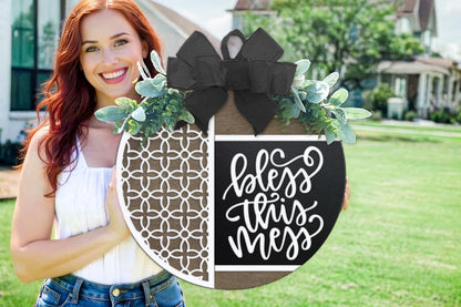 Bless This Mess Door Hanger SVG | Farmhouse Round Wood Sign SVG File | Laser Cut Template for Glowforge xTool | DIY Porch Decor Cut File
