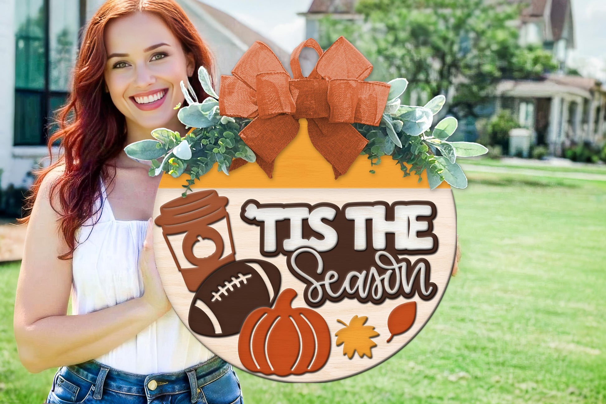 Laser Cut Door Hanger SVG | ’Tis the Season Sign SVG | Fall Football Pumpkin Round Wood Sign | DIY Cut File Glowforge xTool Compatible