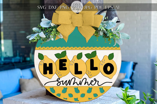 Laser Cut Door Hanger SVG | Hello Summer Lemon Sign SVG | Round Wood Sign Template | DIY Cut File Glowforge xTool Compatible