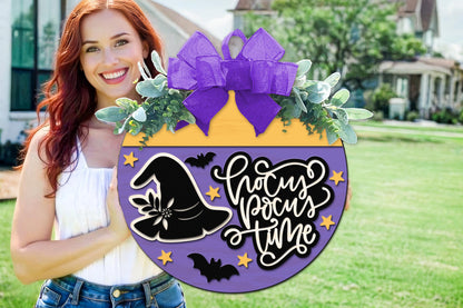 Hocus Pocus Door Hanger SVG | Halloween Witch Hat Sign SVG | Laser Cut Round Wood Sign Template | Glowforge xTool Digital File