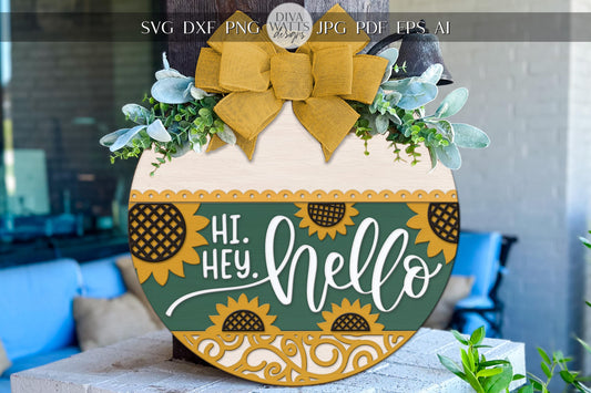 Laser Cut Door Hanger SVG | Hi Hey Hello Welcome Sign SVG | Round Wood Sunflower Template | Glowforge xTool Digital Cut File