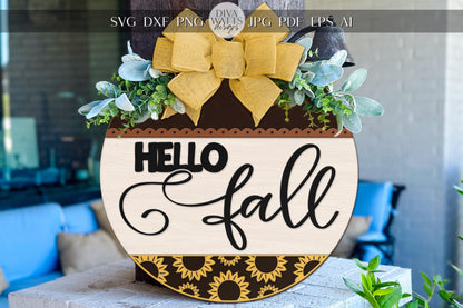 Laser Cut Door Hanger SVG | Hello Fall Sign SVG | DIY Round Wood Sign Template | Sunflower Door Decor | Glowforge xTool Cut File