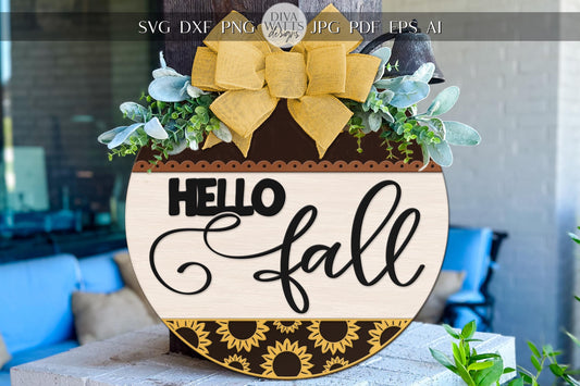 Laser Cut Door Hanger SVG | Hello Fall Sign SVG | DIY Round Wood Sign Template | Sunflower Door Decor | Glowforge xTool Cut File