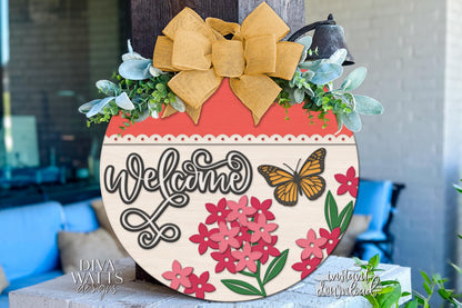 Laser Cut Door Hanger SVG | Welcome Sign SVG File | Butterfly Round Wood Sign Template | Glowforge xTool Compatible Digital File