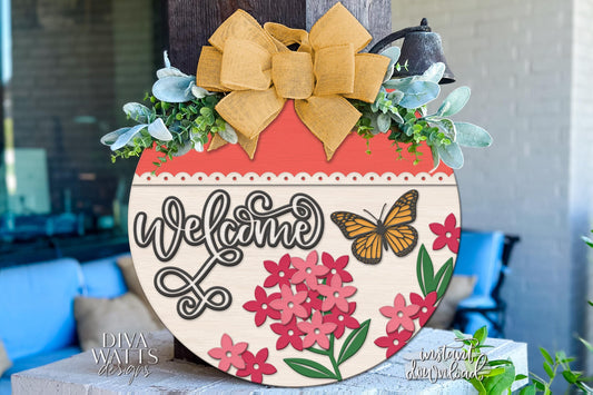 Laser Cut Door Hanger SVG | Welcome Sign SVG File | Butterfly Round Wood Sign Template | Glowforge xTool Compatible Digital File