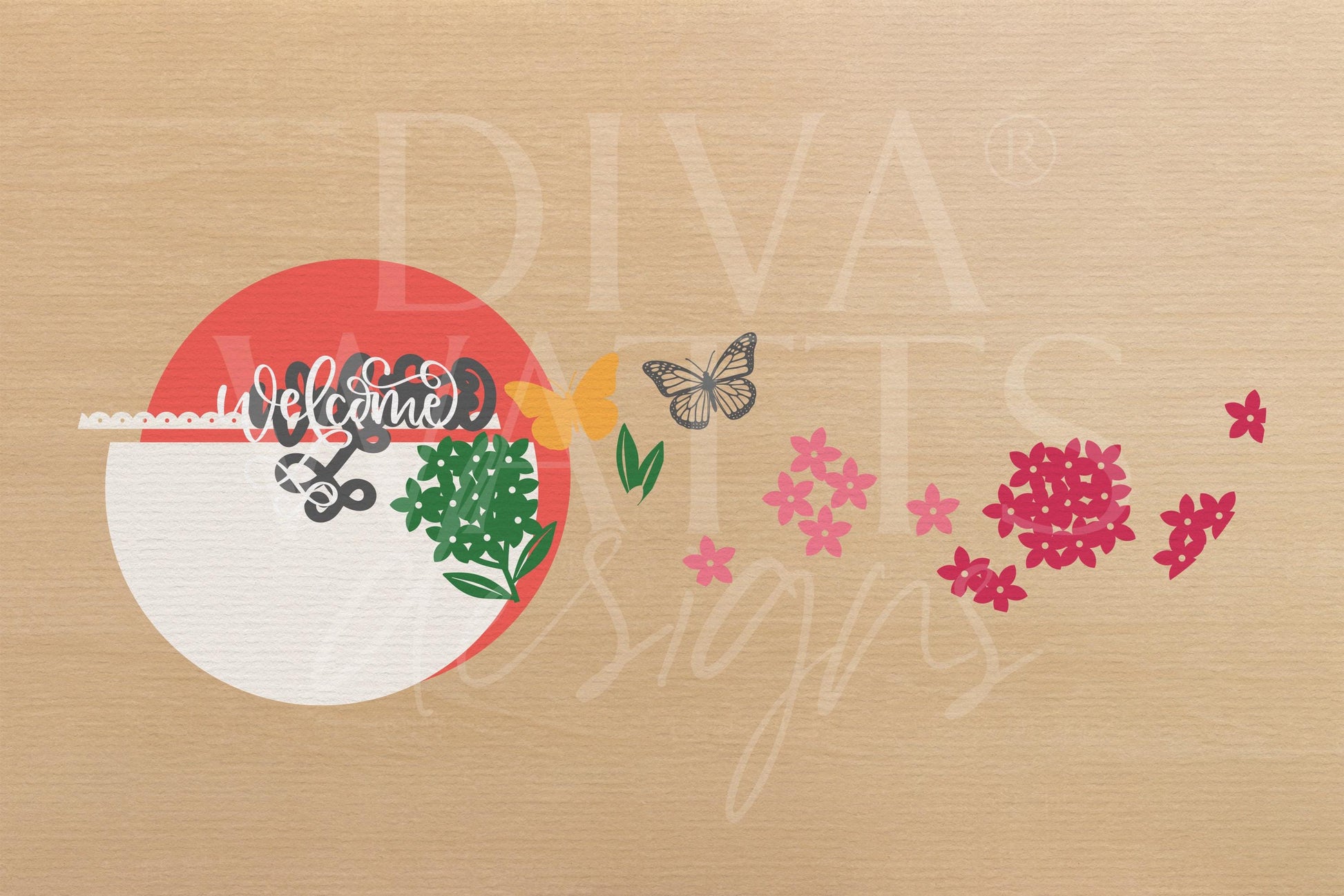 Laser Cut Door Hanger SVG | Welcome Sign SVG File | Butterfly Round Wood Sign Template | Glowforge xTool Compatible Digital File