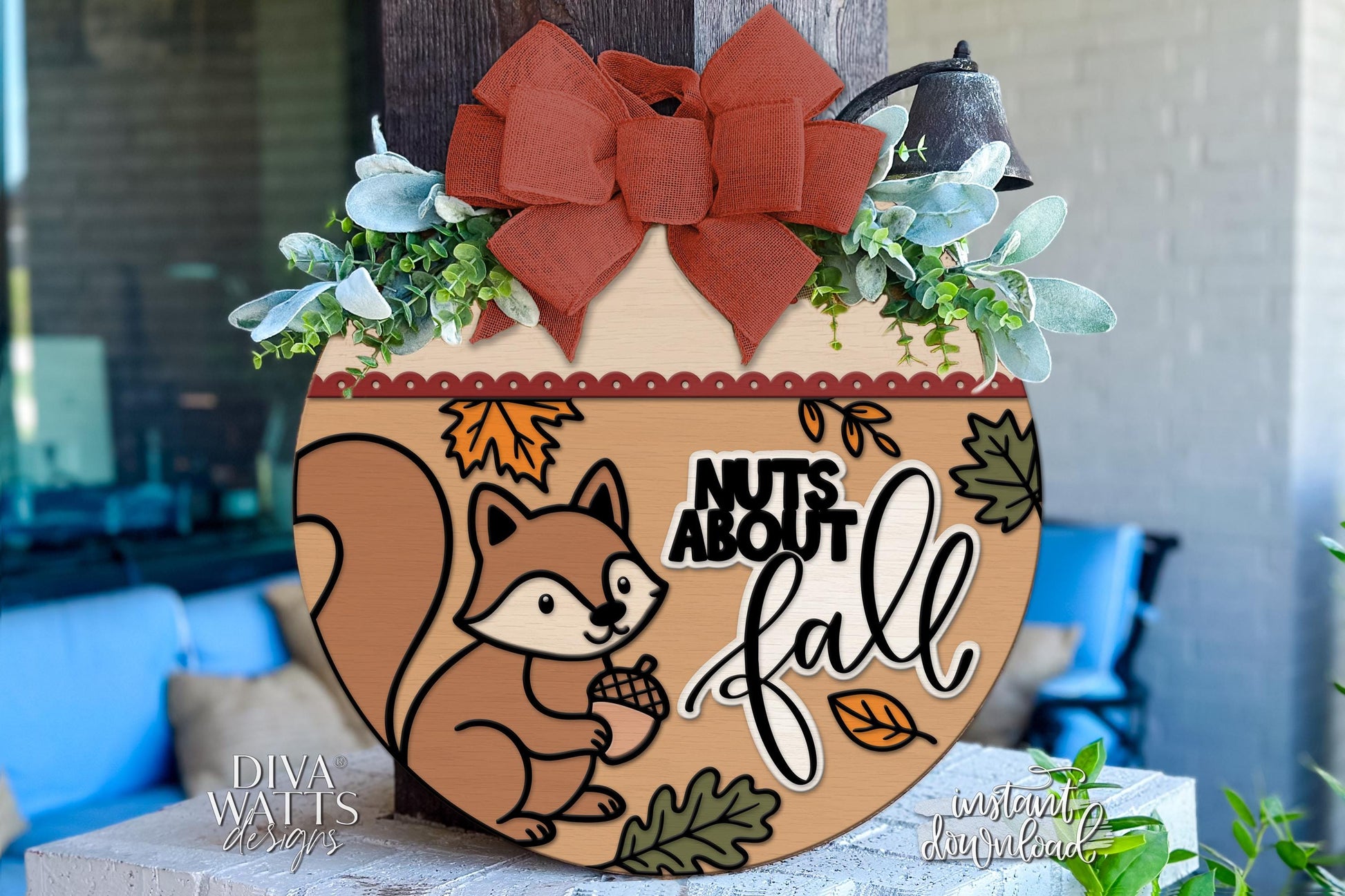 Laser Cut Door Hanger SVG | Nuts About Fall Sign SVG | Squirrel Autumn Wood Sign Template | Glowforge xTool Compatible File