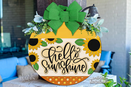 Laser Cut Door Hanger SVG | Hello Sunshine Sign SVG | Sunflower Round Wood Sign Template | Glowforge xTool DIY Digital File Decor