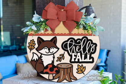 Hello Fall Door Hanger SVG | Fox Fall Sign SVG File | Laser Cut Round Wood Sign Template | Glowforge xTool Digital Download