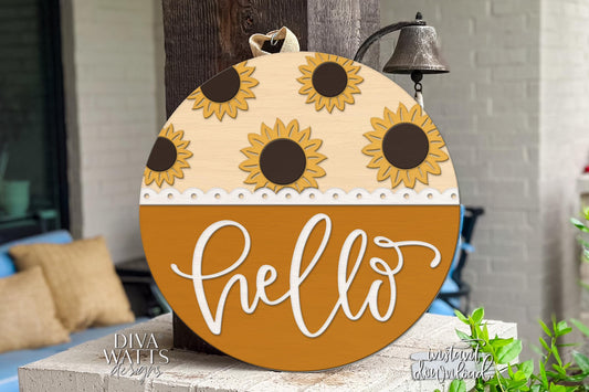 Laser Cut Door Hanger SVG | Hello Sunflower Sign SVG | DIY Round Wood Sign Template | Glowforge xTool Compatible Digital File