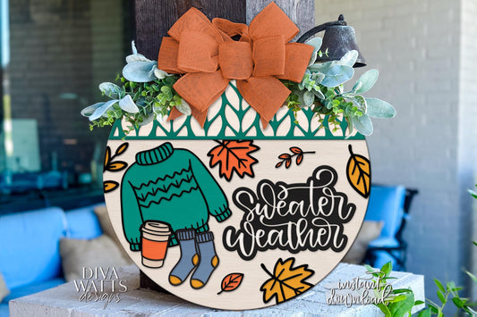 Sweater Weather Door Hanger SVG | Laser Cut Wood Sign Template | Fall SVG File for Glowforge xTool | DIY Digital Porch Decor Sign