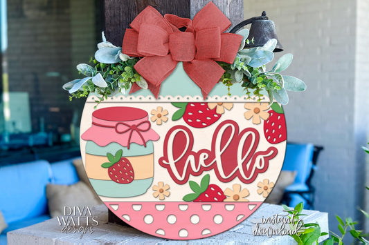 Strawberry Hello Door Hanger SVG | Laser Cut Round Sign Template | DIY Wood Sign Digital File | Glowforge xTool Compatible Cut File