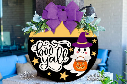 Laser Cut Door Hanger SVG | Boo Y’all Halloween Ghost Sign SVG | DIY Round Wood Sign File | Glowforge xTool Digital Cut Template