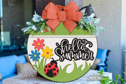 Laser Cut Door Hanger SVG | Hello Summer Sign SVG File | Round Wood Sign Template | DIY Digital File xTool Glowforge Compatible