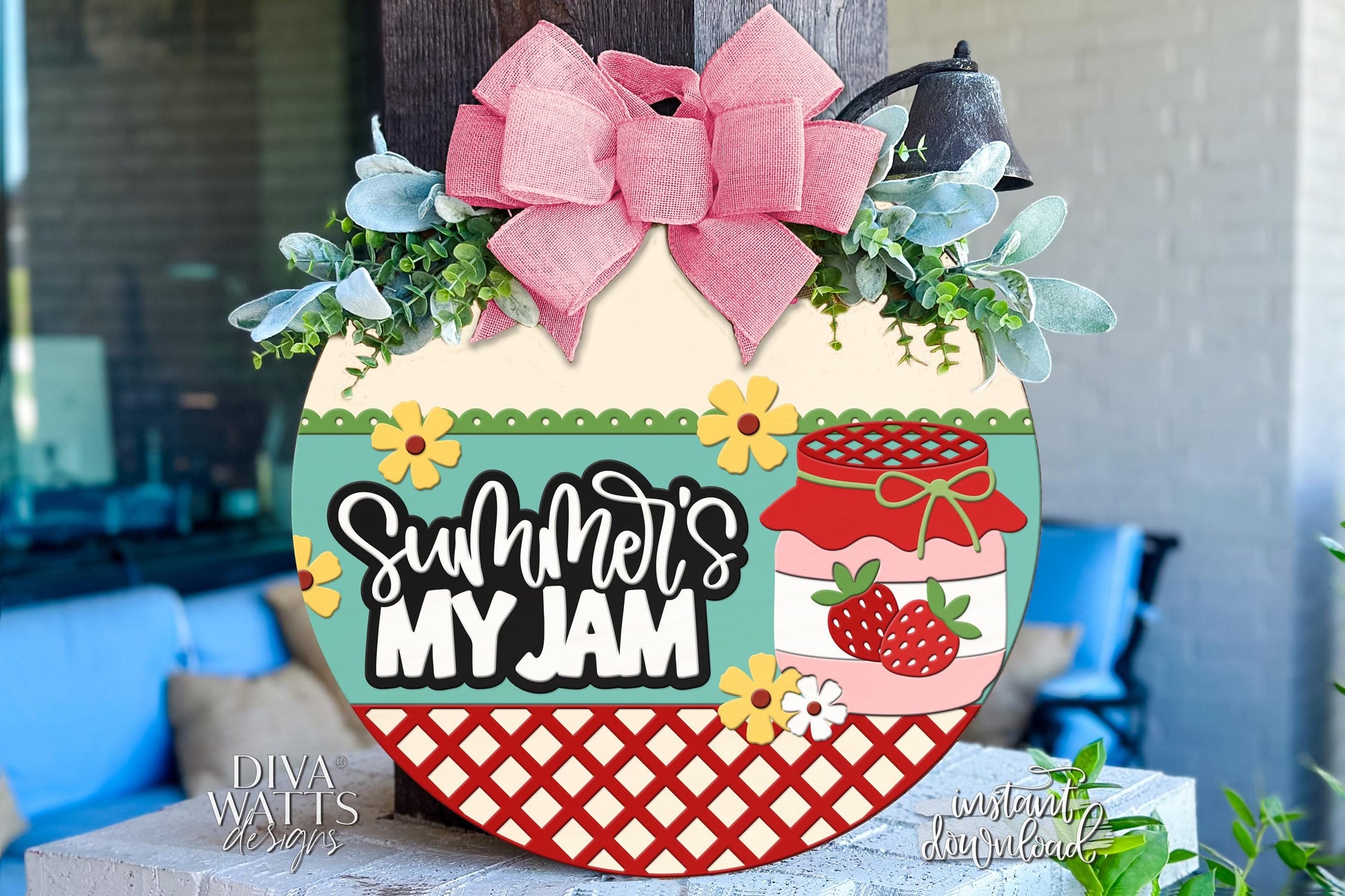 Laser Cut Door Hanger SVG | Summer's My Jam Sign SVG | Round Wood Sign Template | DIY Porch Decor File xTool Glowforge Compatible