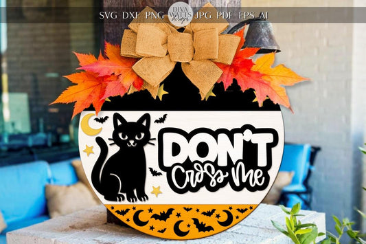 Laser Cut Door Hanger SVG | Halloween Cat SVG File | DIY Round Wood Sign Template | Digital Cut File Glowforge xTool Compatible Decor