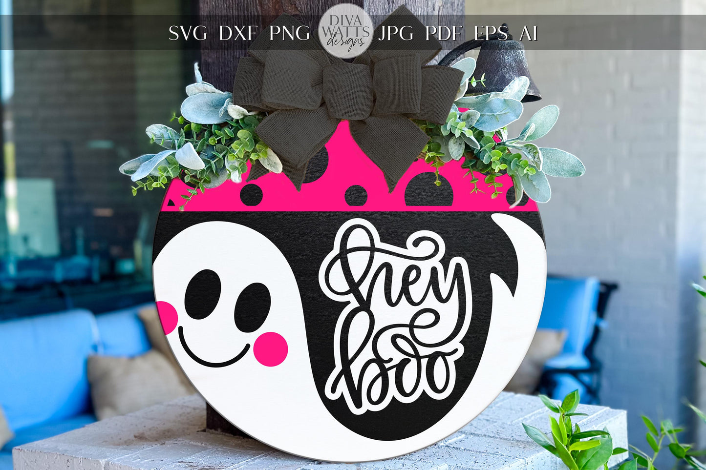 Hey Boo Door Hanger SVG | Halloween Ghost Sign SVG | Round Wood Sign Template | Glowforge xTool Laser Cut Digital File DIY Decor