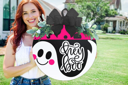Hey Boo Door Hanger SVG | Halloween Ghost Sign SVG | Round Wood Sign Template | Glowforge xTool Laser Cut Digital File DIY Decor