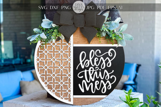 Bless This Mess Door Hanger SVG | Farmhouse Round Wood Sign SVG File | Laser Cut Template for Glowforge xTool | DIY Porch Decor Cut File