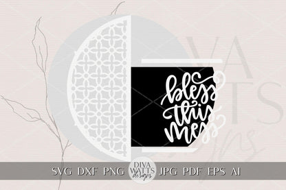 Bless This Mess Door Hanger SVG | Farmhouse Round Wood Sign SVG File | Laser Cut Template for Glowforge xTool | DIY Porch Decor Cut File