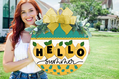 Laser Cut Door Hanger SVG | Hello Summer Lemon Sign SVG | Round Wood Sign Template | DIY Cut File Glowforge xTool Compatible