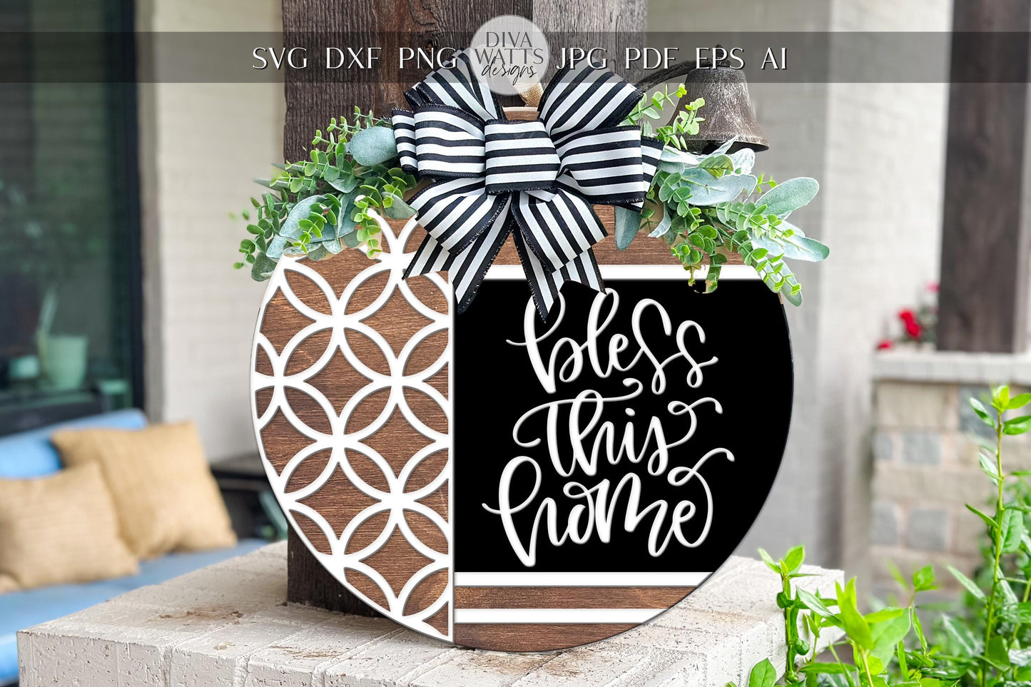 Laser Cut Door Hanger SVG | Bless This Home SVG Sign File | Round Wood Sign Template | Digital Cut File Glowforge xTool Compatible Decor