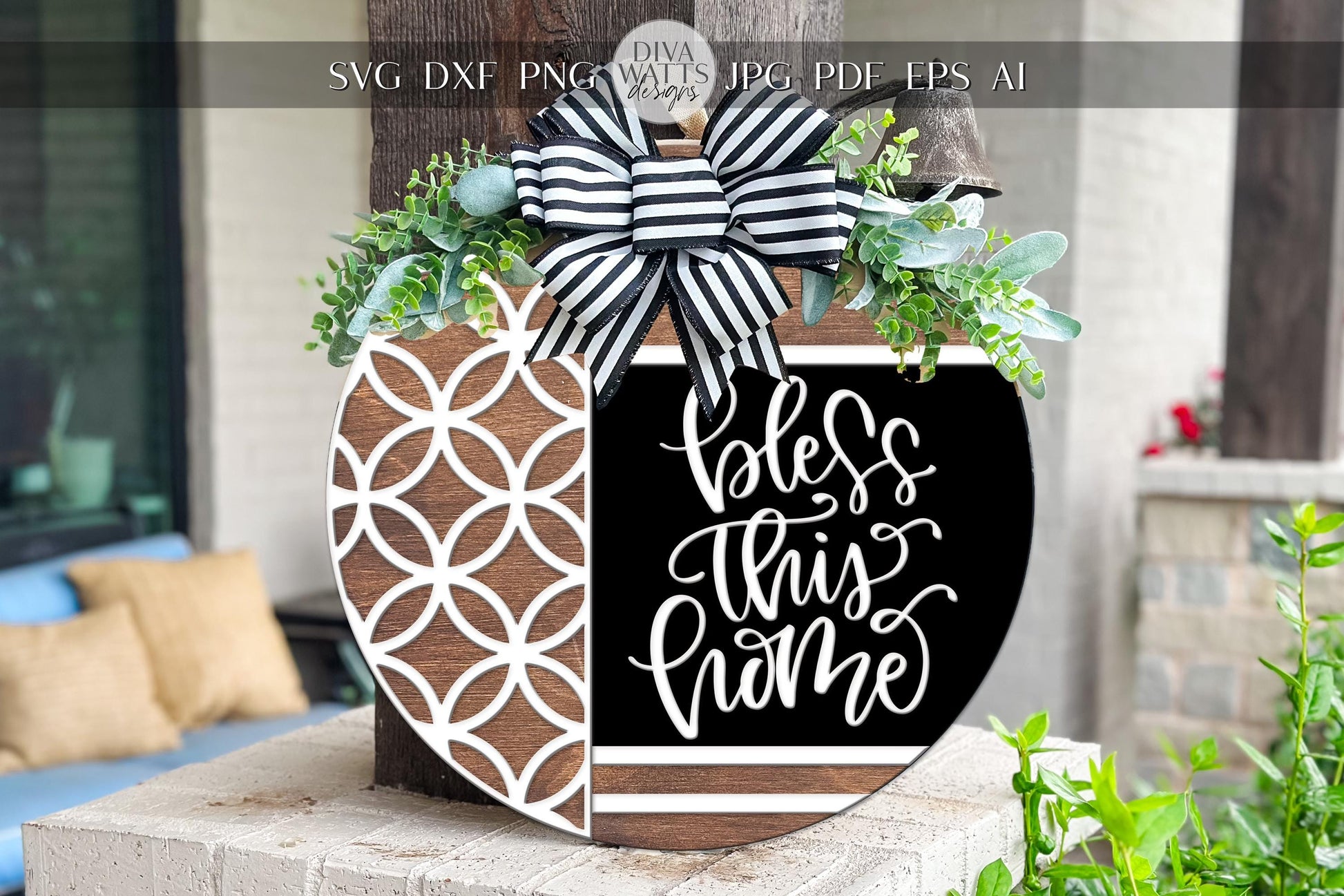 Laser Cut Door Hanger SVG | Bless This Home SVG Sign File | Round Wood Sign Template | Digital Cut File Glowforge xTool Compatible Decor