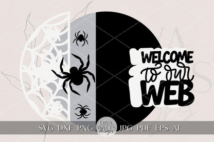 Laser Cut Door Hanger SVG | Welcome to Our Web Sign SVG | Spider Halloween Round SVG File | diy Cut File for Glowforge xTool Laser
