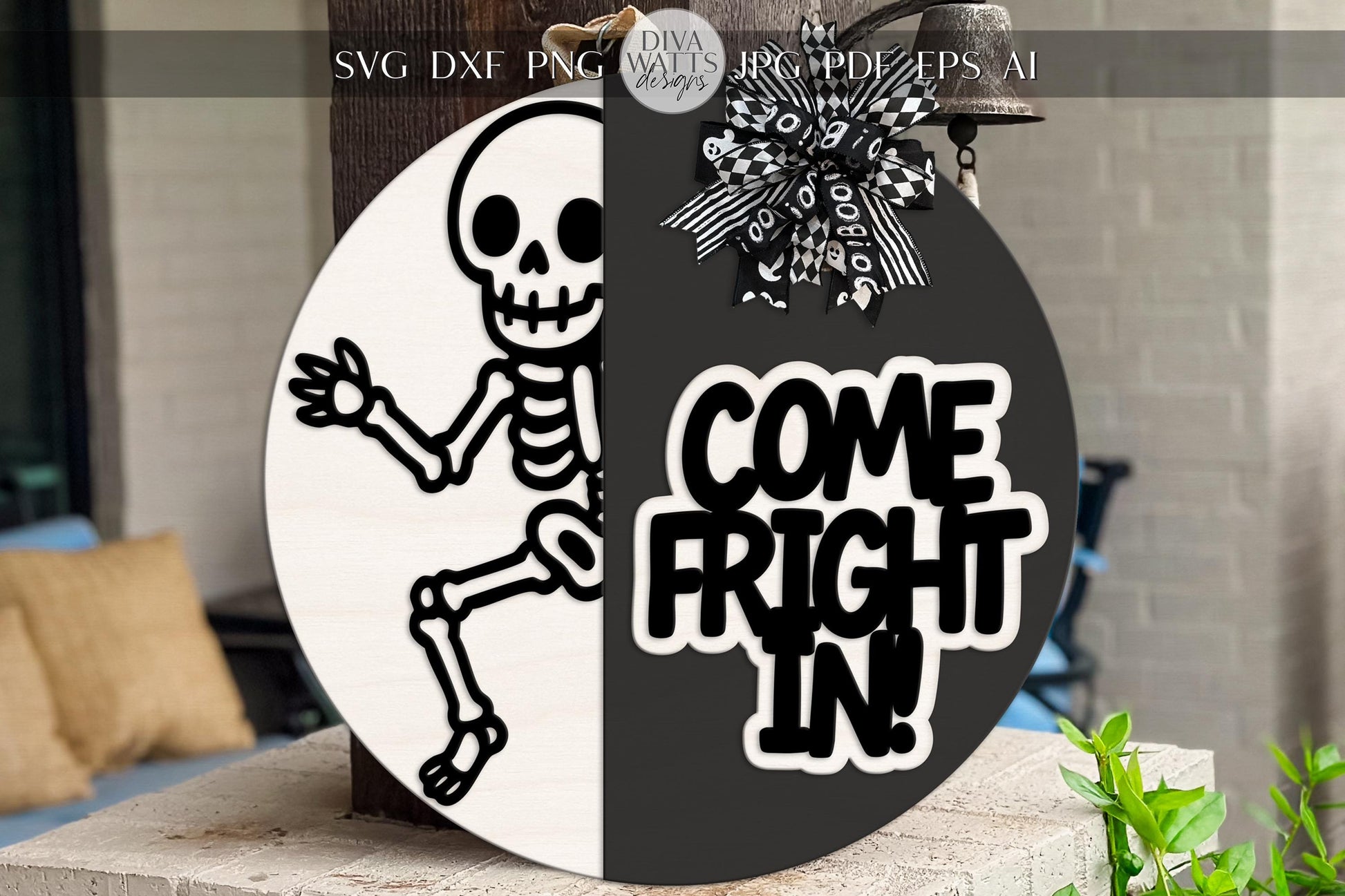 Laser Cut Door Hanger SVG | Halloween Skeleton SVG File | Come Fright In Sign Template | Glowforge xTool DIY Digital Cut File