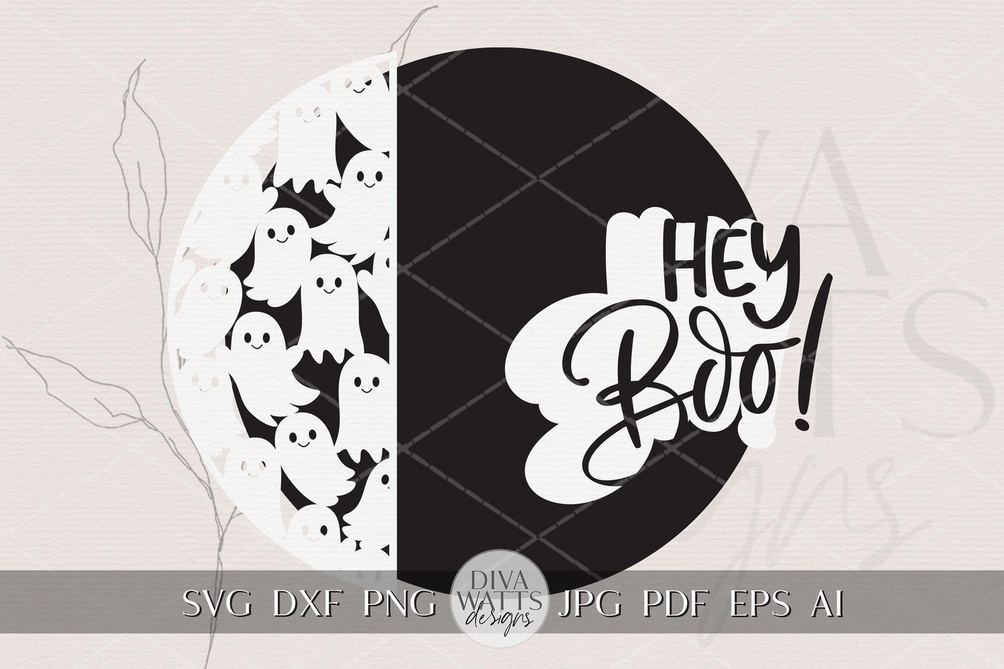 Laser Cut Door Hanger SVG | Halloween Ghost Sign SVG File | Hey Boo Round Wood Sign Template | Glowforge xTool Digital Cut File