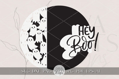 Laser Cut Door Hanger SVG | Halloween Ghost Sign SVG File | Hey Boo Round Wood Sign Template | Glowforge xTool Digital Cut File