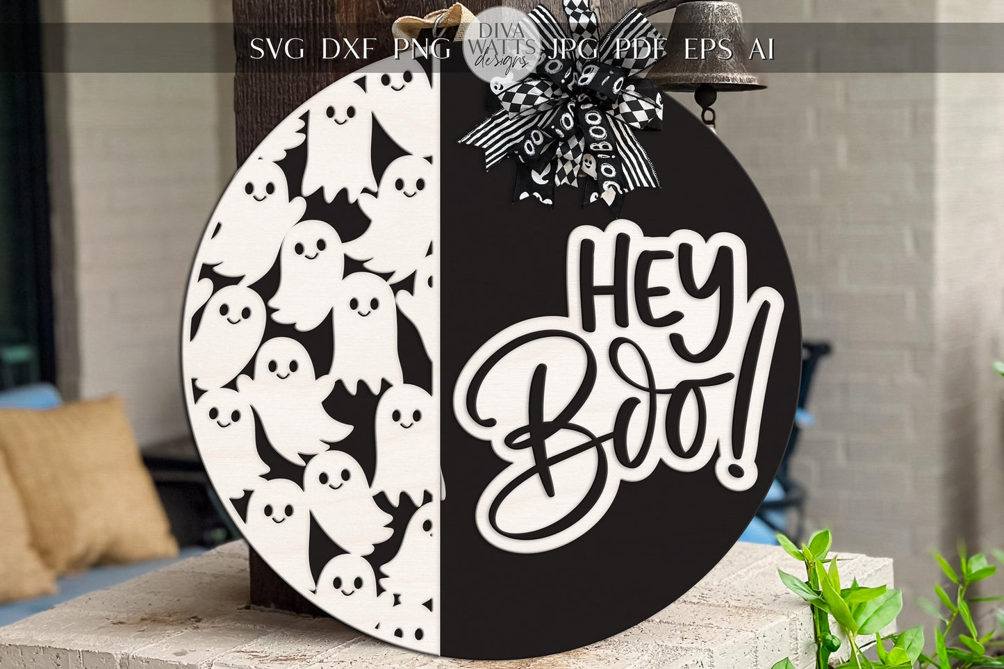 Laser Cut Door Hanger SVG | Halloween Ghost Sign SVG File | Hey Boo Round Wood Sign Template | Glowforge xTool Digital Cut File