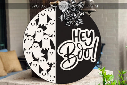 Laser Cut Door Hanger SVG | Halloween Ghost Sign SVG File | Hey Boo Round Wood Sign Template | Glowforge xTool Digital Cut File