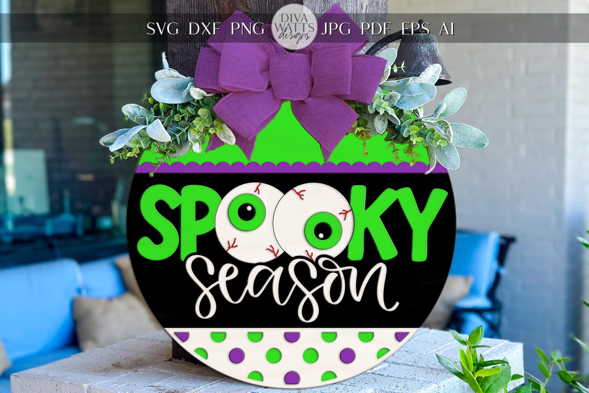 Laser Cut Door Hanger SVG | Spooky Season Halloween Sign SVG File | DIY Round Wood Sign Template | Glowforge xTool Digital Cut File