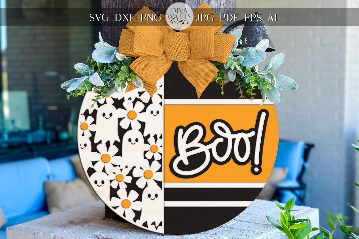 Laser Cut Door Hanger SVG | Boo Ghost Floral Sign SVG | Halloween Round Wood Template | Digital Cut File Glowforge xTool DIY svg