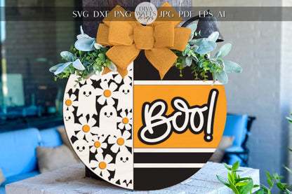 Laser Cut Door Hanger SVG | Boo Ghost Floral Sign SVG | Halloween Round Wood Template | Digital Cut File Glowforge xTool DIY svg