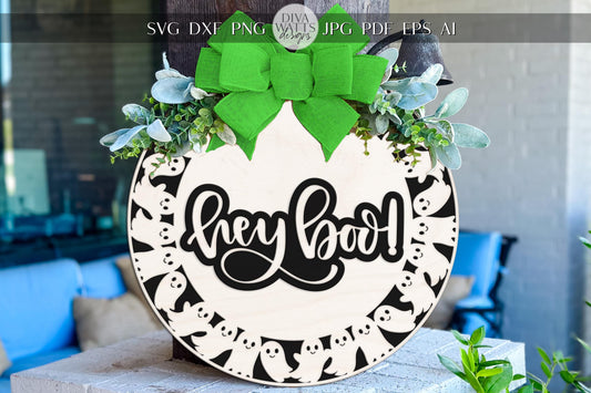 Hey Boo SVG | Halloween Ghost Door Hanger SVG File | Round Laser Cut Sign Template | Glowforge xTool Digital Halloween Decor File