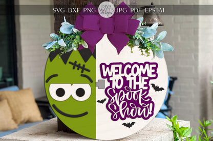 Frankenstein Door Hanger SVG | Welcome to the Spook Show Sign | Halloween Laser Cut File | Glowforge xTool Round Wood Sign SVG