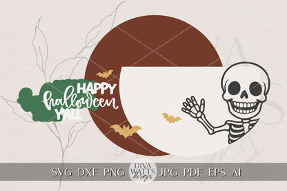 Laser Cut Door Hanger SVG | Halloween Sign SVG File | DIY Skeleton Round Wood Sign Template | Glowforge xTool Compatible Cut File