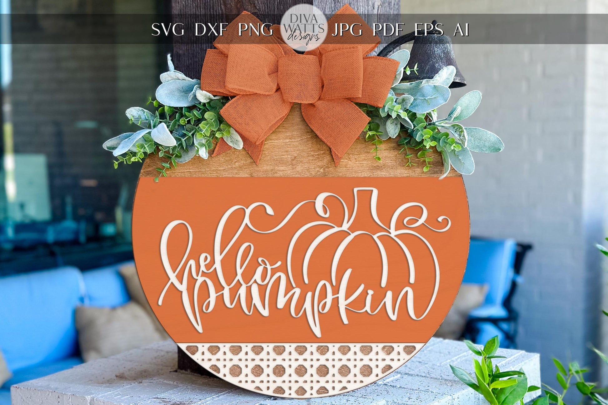 Laser Cut Door Hanger SVG | Hello Pumpkin Round Sign Template | DIY Fall Porch Decor SVG for Glowforge xTool | Rustic Autumn File