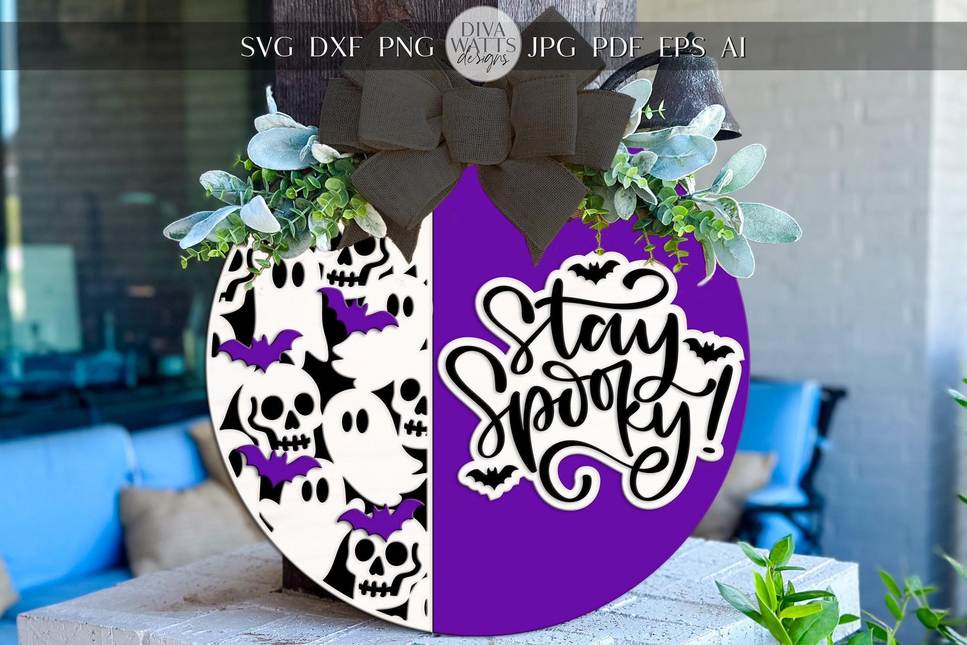 Laser Cut Door Hanger SVG | Stay Spooky Halloween Sign | DIY Round Sign Template | Digital SVG for Glowforge xTool | Ghost Bat Decor