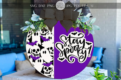 Laser Cut Door Hanger SVG | Stay Spooky Halloween Sign | DIY Round Sign Template | Digital SVG for Glowforge xTool | Ghost Bat Decor
