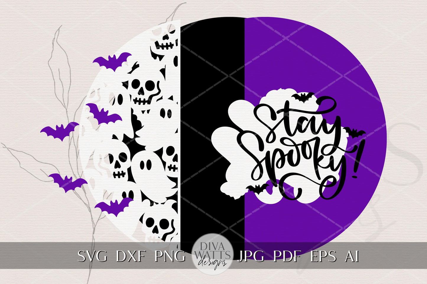 Laser Cut Door Hanger SVG | Stay Spooky Halloween Sign | DIY Round Sign Template | Digital SVG for Glowforge xTool | Ghost Bat Decor