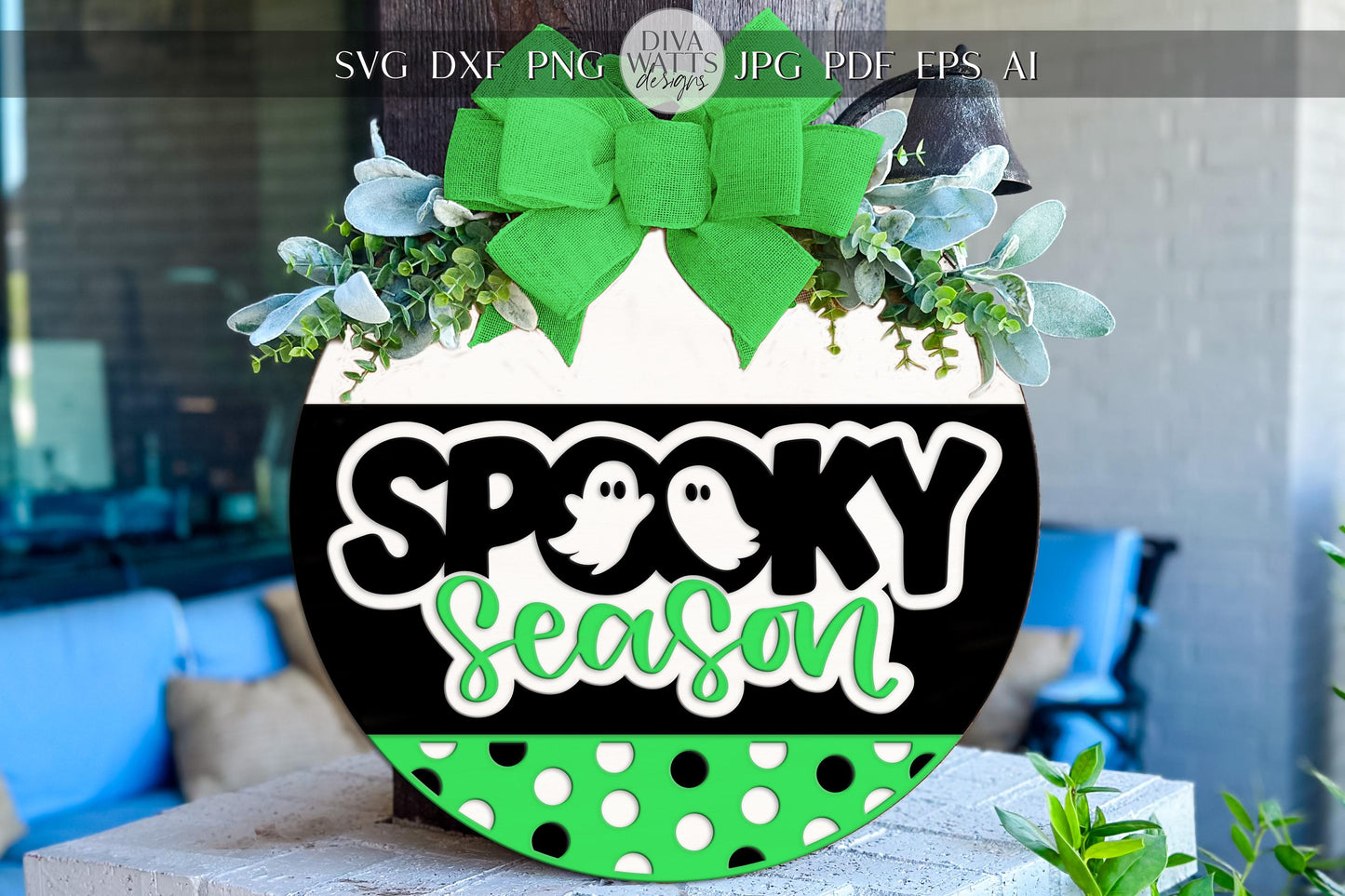 Laser Cut Door Hanger SVG | Spooky Season Ghost Sign | DIY Round Halloween SVG for Glowforge xTool | Fall Porch Decor File