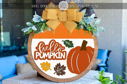 Laser Cut Door Hanger SVG | Hello Pumpkin Fall Sign | DIY Round Sign Template | Digital SVG for Glowforge xTool | Autumn Porch Decor