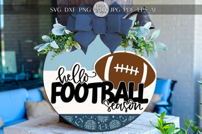 Laser Cut Door Hanger SVG | Hello Football Season Round Sign | DIY SVG File for Glowforge xTool | Fall Sports Porch Decor