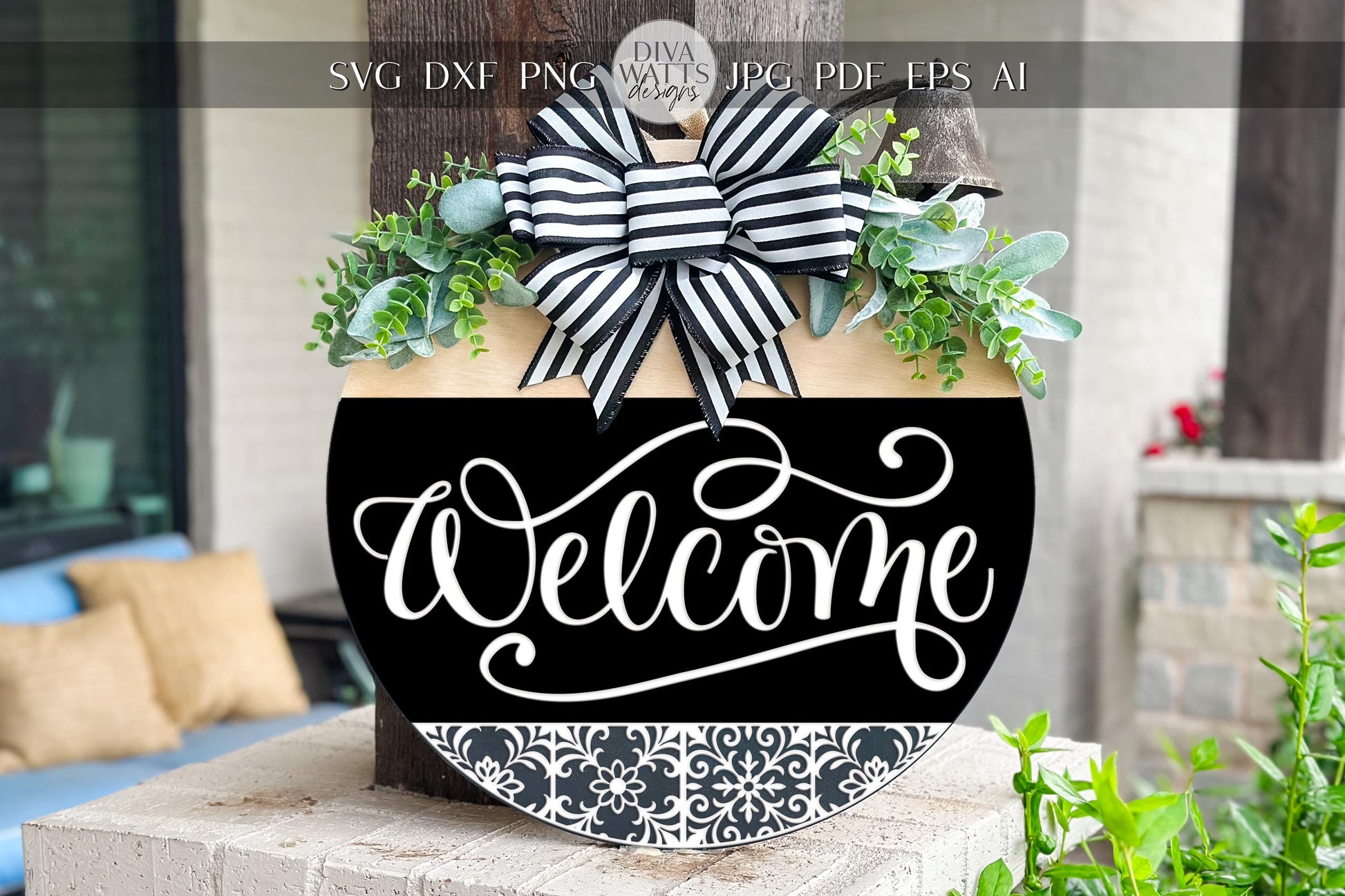 Laser Cut Door Hanger SVG | Welcome Sign Round Template | DIY Front Porch SVG File | Digital Cut File for Glowforge xTool